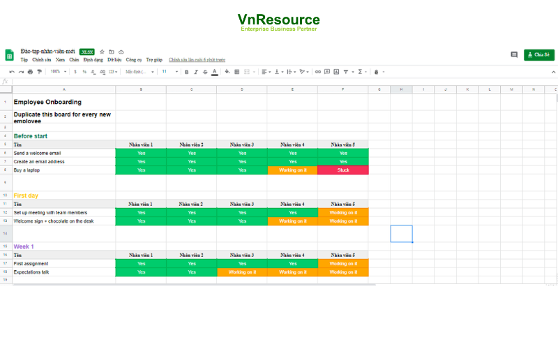 Biểu mẫu đào tạo nhân viên mới bằng Excel